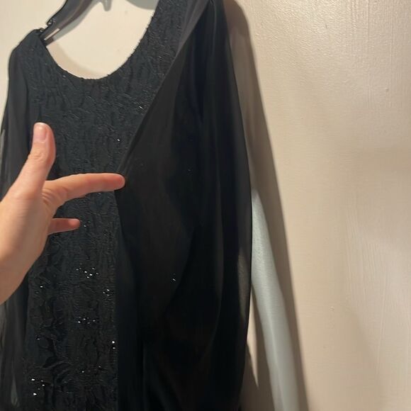 Scarlett- Black Lace Sequined Long Mesh Open Sleeve Cuffed Mini Dress- Size 8 - Picture 9 of 10